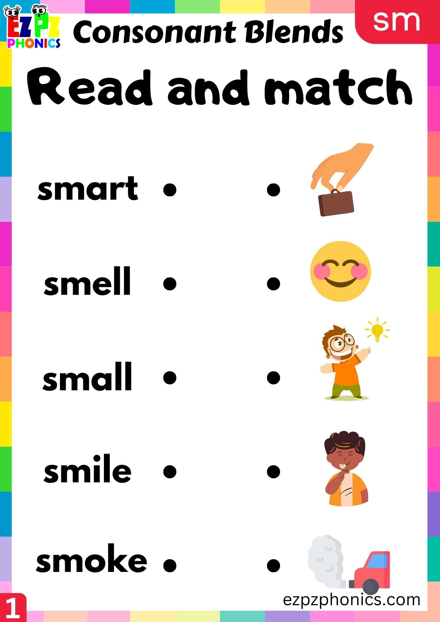 Group1 SM Words Read And Match Phonics Consonant Blends Worksheet